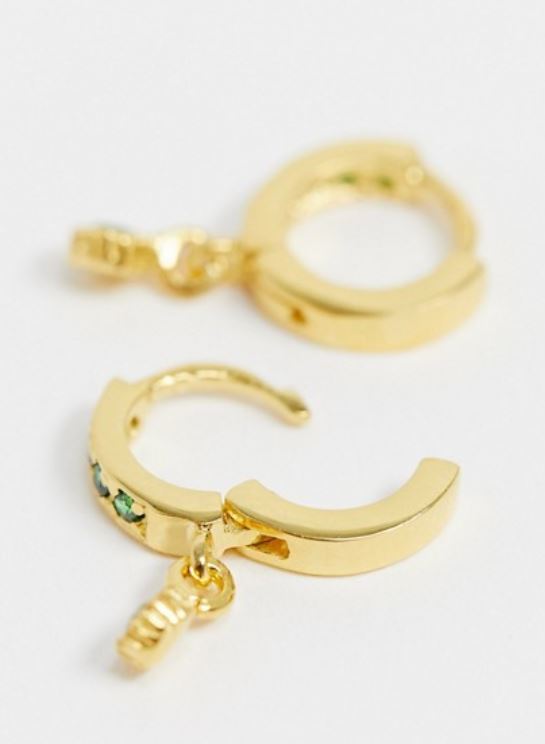 sterling silver with gold plate hoop earrings with green crystal and charm