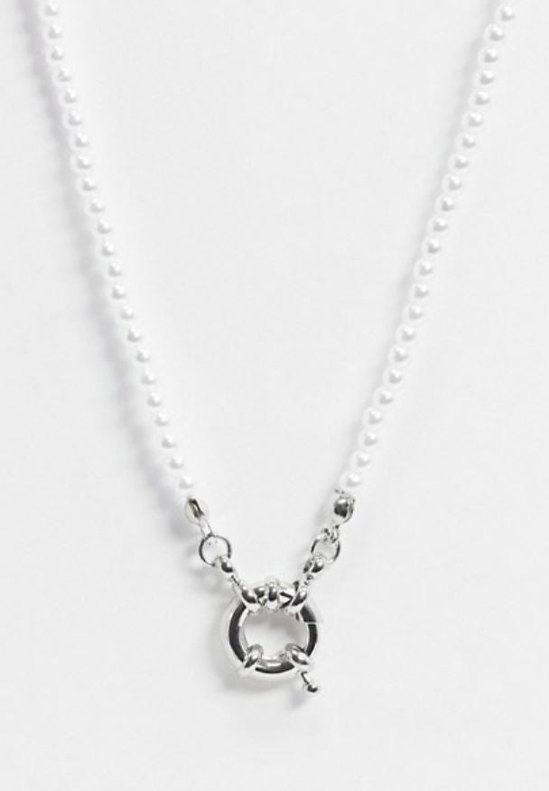 pearl necklace with bolt ring clasp in silver tone