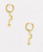 Load image into Gallery viewer, sterling silver with gold plate hoop earrings with crystal moon and star drop
