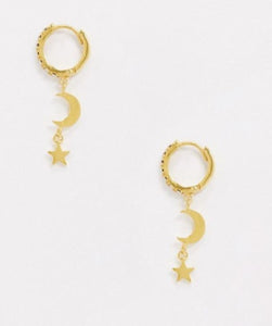 sterling silver with gold plate hoop earrings with crystal moon and star drop