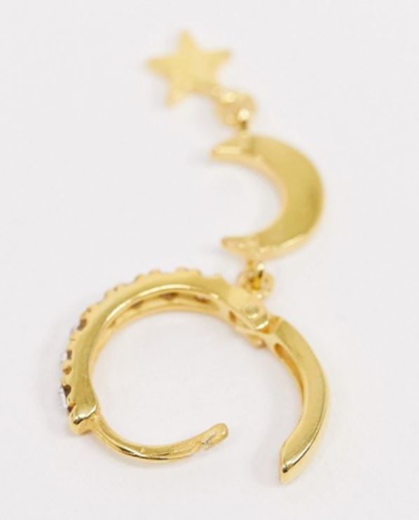 sterling silver with gold plate hoop earrings with crystal moon and star drop