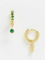 Load image into Gallery viewer, sterling silver with gold plate hoop earrings with green crystal and charm
