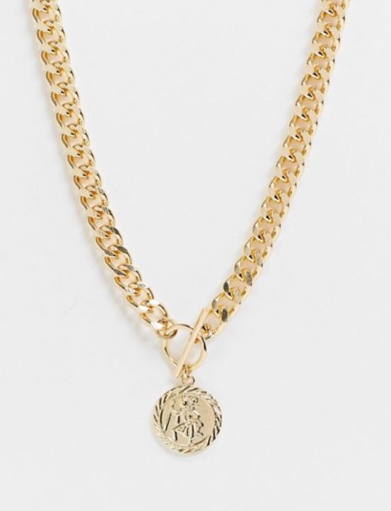 t bar necklace with coin in gold tone