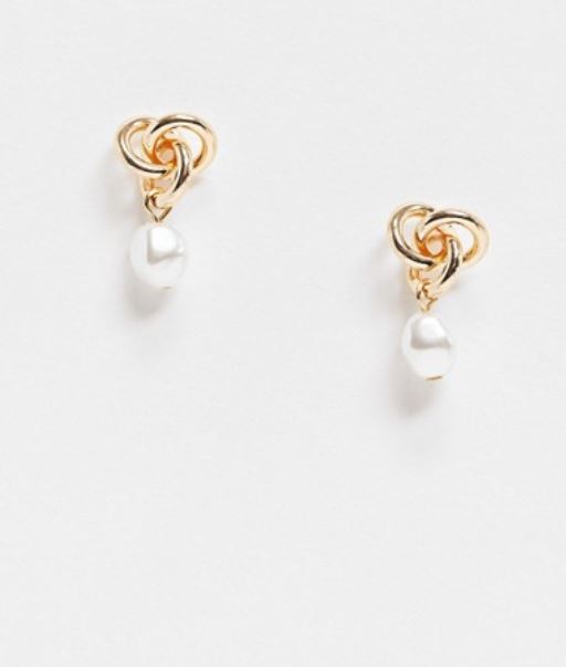 earrings with knot stud and pearl drop in gold tone